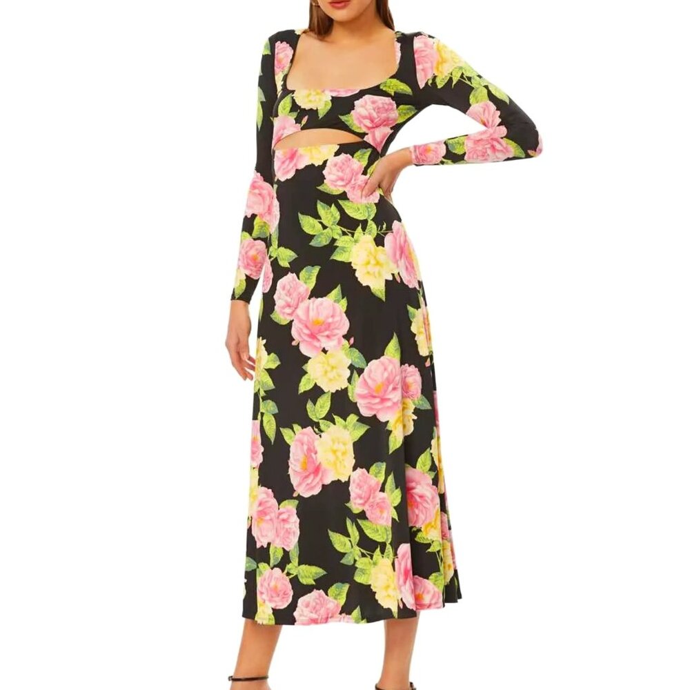 Afrm Gigi Floral Long Sleeve Midi Dress  Size Small  Onyx black  Large pink & ye